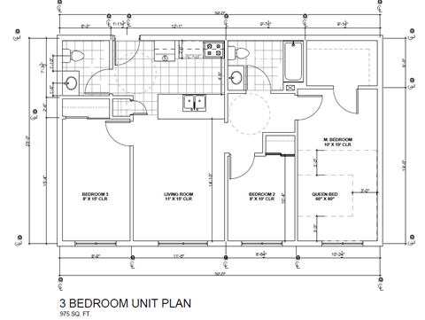 Floor plan for 3 beds, 2 baths, 975 sqft